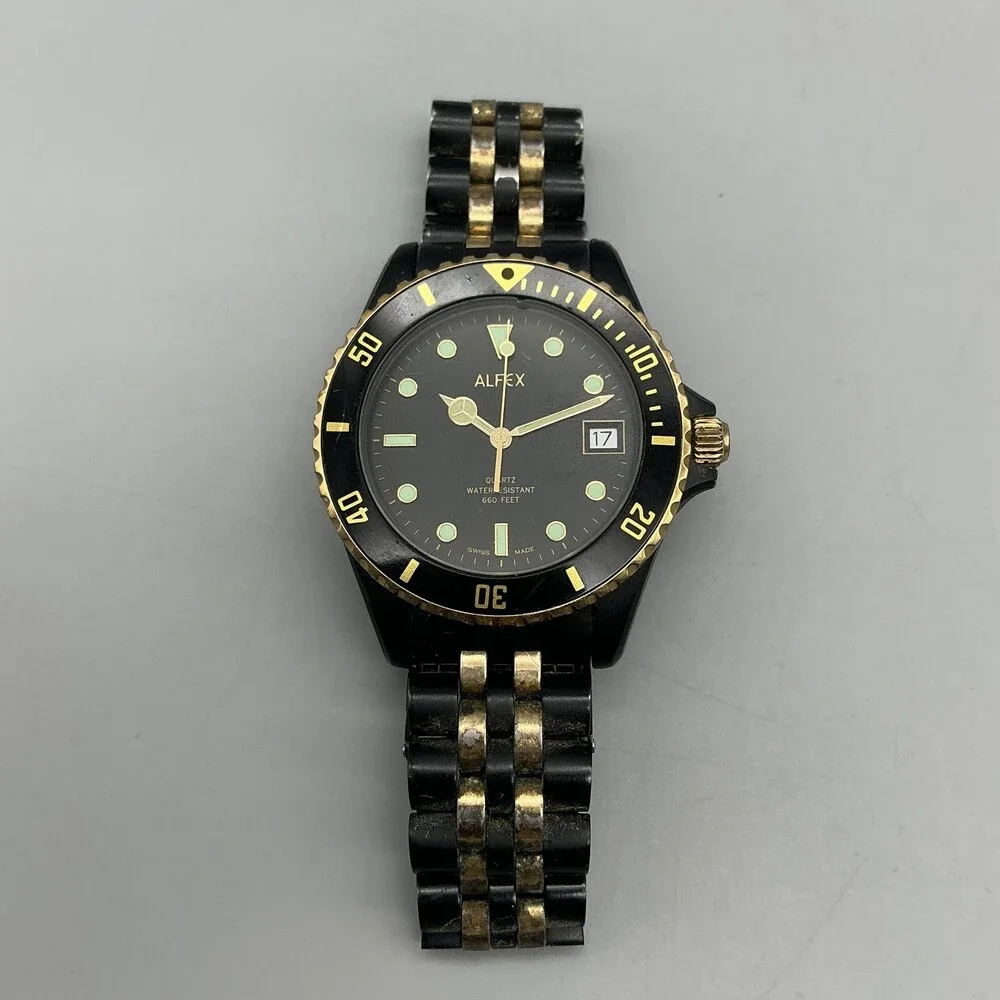 Alfex 4748 Diver Mens Watch 37mm Black Gold Tone Date 200m New Battery 7.25
